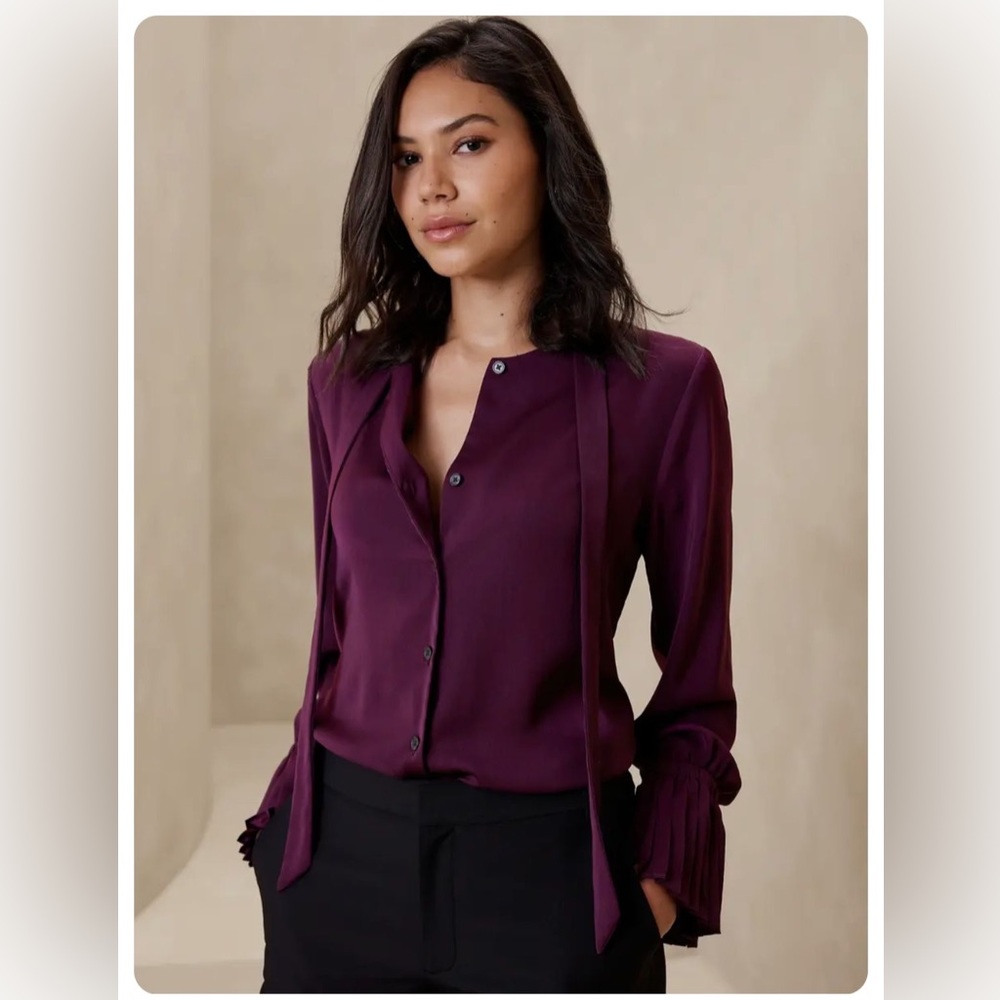 Satin Pleat-cuff Blouse Shirt Top Medium Plum